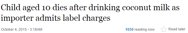 注意！墨尔本一10岁儿童饮用进口椰奶后不幸身亡！澳洲当局紧急召回五款椰汁饮料！‏