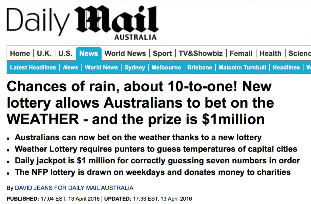 澳洲这鬼天气也出彩票了！只要你猜对每天的气温，就能中百万大奖哦！