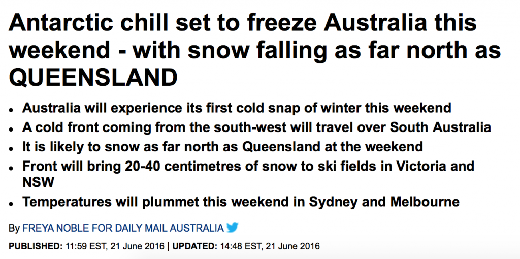 超级冷空气降雪来临，本週末澳各地降温0度以下！