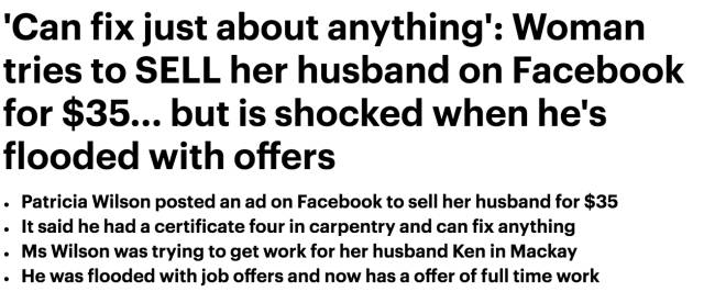 澳洲妻子在Facebook$35出售丈夫，结果引来大批妇女抢购！出人意料！