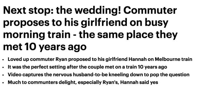 竟真有人在墨尔本火车上求婚：“10年前你我火车上相遇，今天在这车上你愿意嫁给我嘛？”