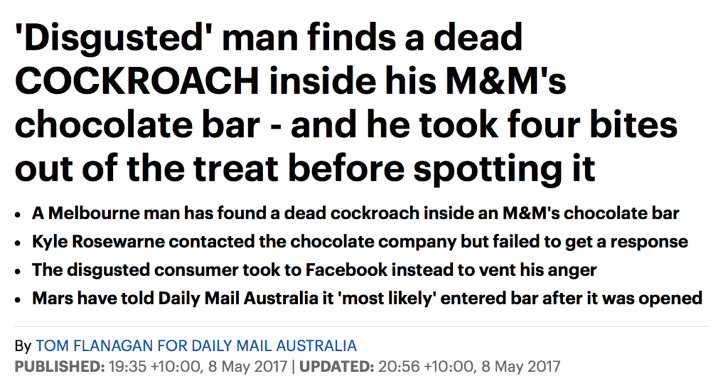 墨爾本男在知名品牌巧克力中发现死蟑螂，产地中国⋯⋯如果你也买了这种巧克力，要当心