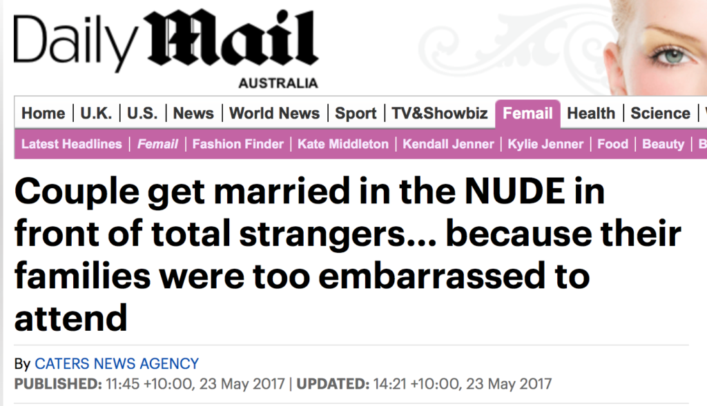 这才叫真「裸婚」！澳夫妇举行全裸婚礼，双方家人均未出席