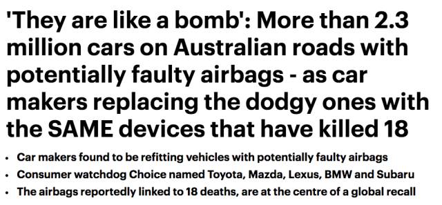 澳洲史无前例的汽车召回：澳洲超230万辆私家车的安全气囊有故障，有爆炸隐患！