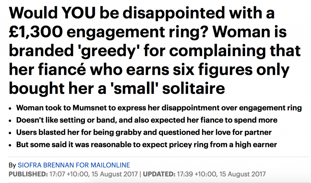 男友年薪6位数，求婚钻戒却只买$2000的！女生發文抱怨，结果被澳洲新娘们圍攻