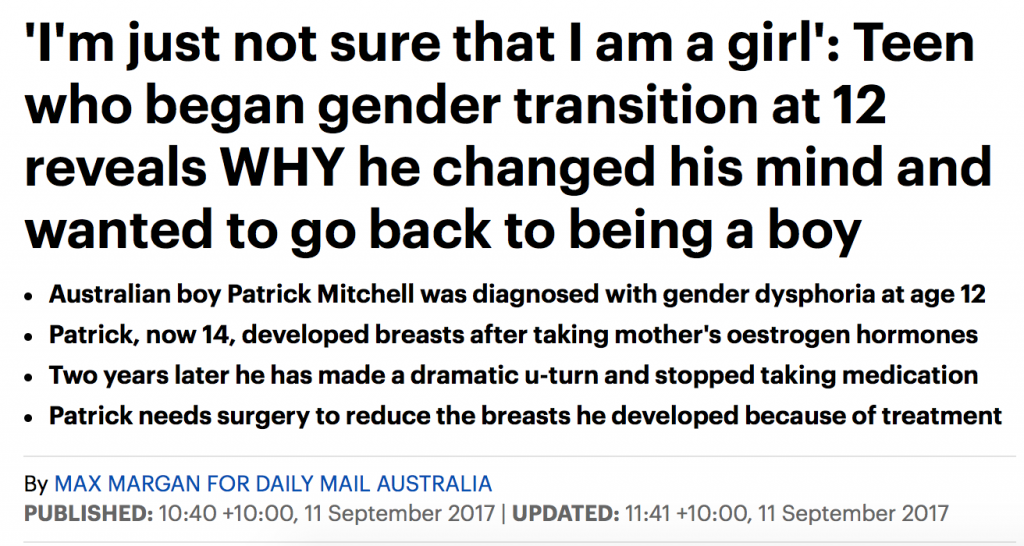 12岁澳洲男孩决定变性，可是两年后又后悔了！然而他的胸已经回不去