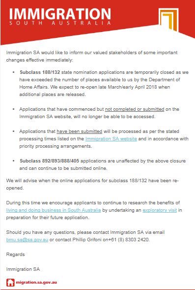 南澳剛關閉商業移民簽證申請，188/132簽證受影響